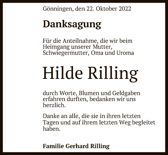 Anzeige von Hilde Rilling von Reutlinger General-Anzeiger