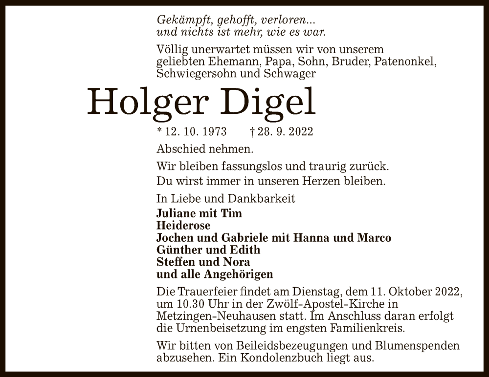  Traueranzeige für Holger Digel vom 08.10.2022 aus Reutlinger General-Anzeiger