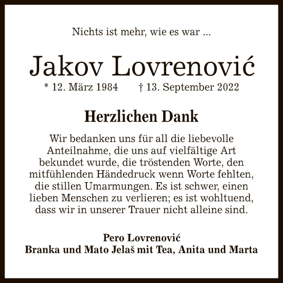Anzeige von Jakov Lovrenovic von Reutlinger General-Anzeiger