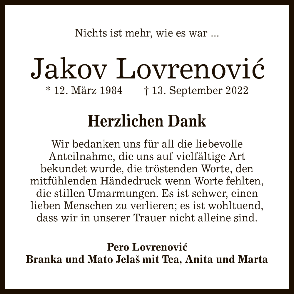  Traueranzeige für Jakov Lovrenovic vom 01.10.2022 aus Reutlinger General-Anzeiger