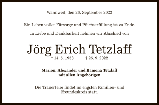 Anzeige von Jörg Erich Tetzlaff von Reutlinger General-Anzeiger
