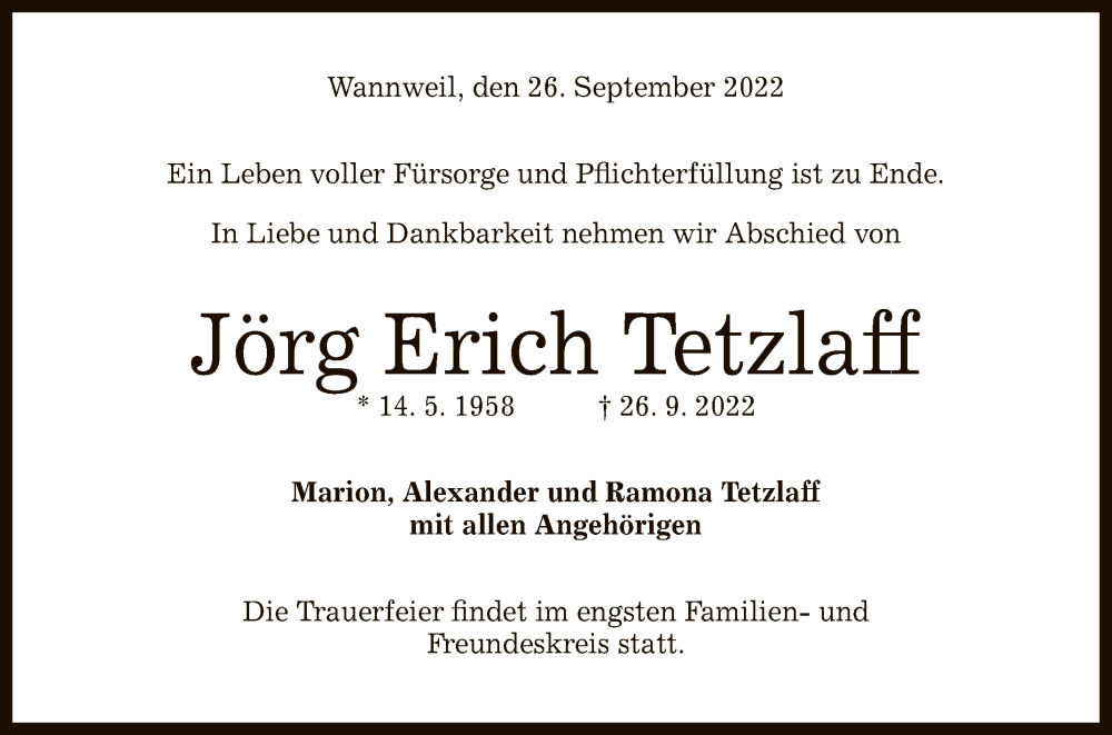  Traueranzeige für Jörg Erich Tetzlaff vom 01.10.2022 aus Reutlinger General-Anzeiger