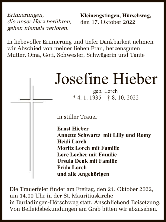 Anzeige von Josefine Hieber von Reutlinger General-Anzeiger