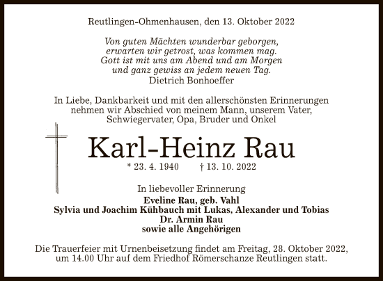 Anzeige von Karl-Heinz Rau von Reutlinger General-Anzeiger