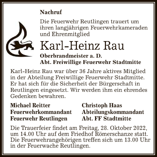 Anzeige von Karl-Heinz Rau von Reutlinger General-Anzeiger