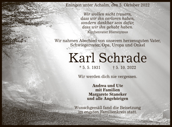 Anzeige von Karl Schrade von Reutlinger General-Anzeiger