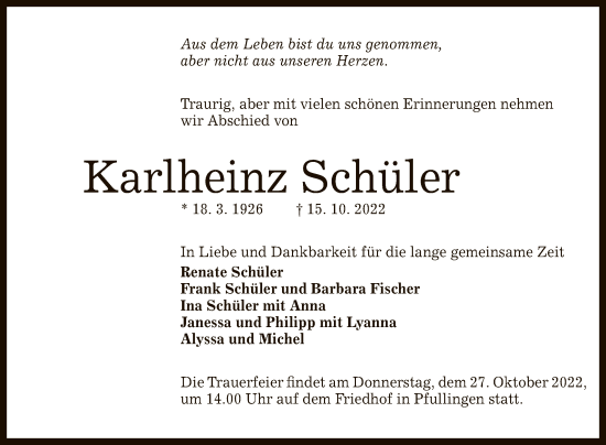 Anzeige von Karlheinz Schüler von Reutlinger General-Anzeiger