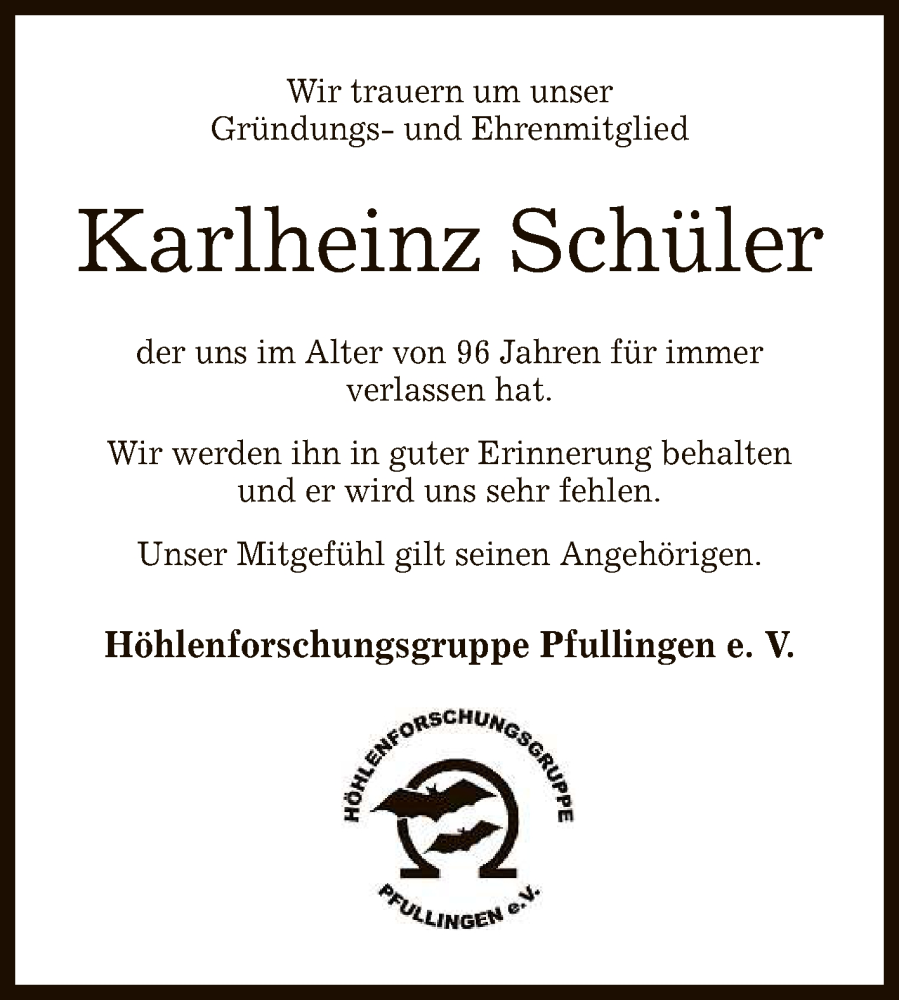  Traueranzeige für Karlheinz Schüler vom 22.10.2022 aus Reutlinger General-Anzeiger