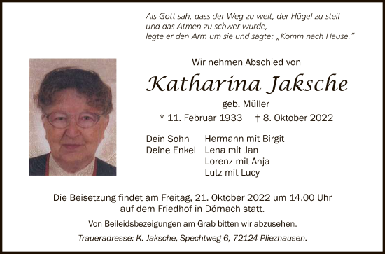 Anzeige von Katharina Jaksche von Reutlinger General-Anzeiger