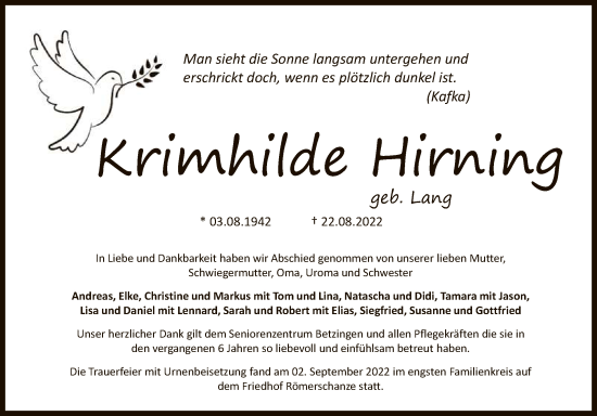 Anzeige von Krimhilde Hirning von Reutlinger General-Anzeiger
