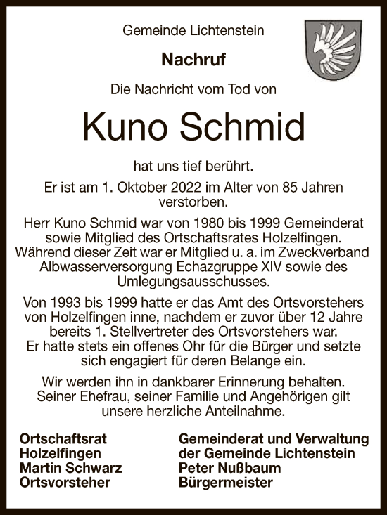 Anzeige von Kuno Schmid von Reutlinger General-Anzeiger