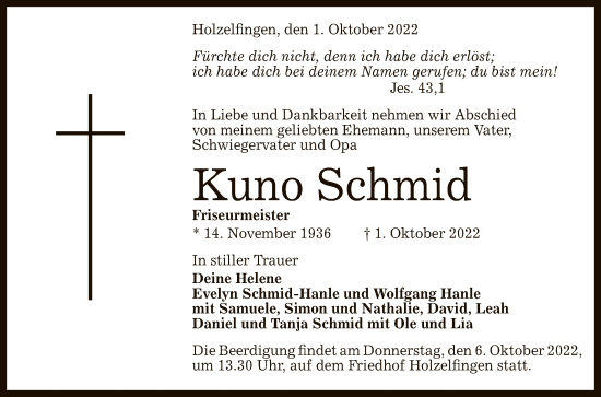 Anzeige von Kuno Schmid von Reutlinger General-Anzeiger