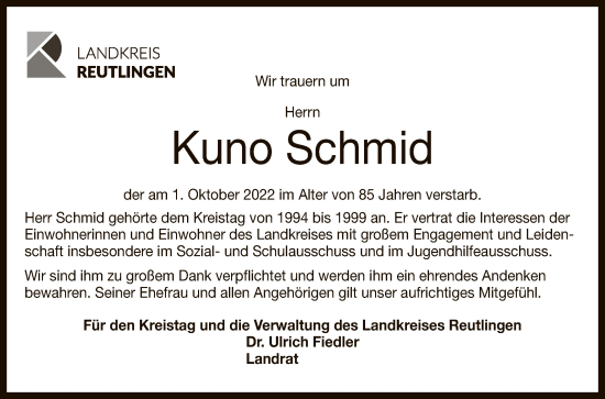 Anzeige von Kuno Schmid von Reutlinger General-Anzeiger