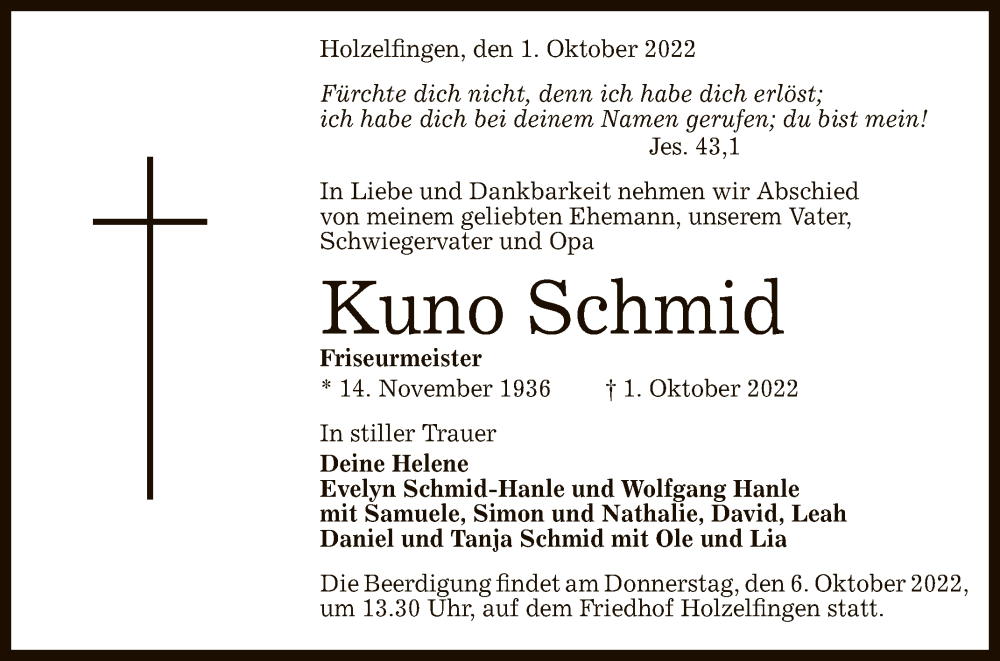  Traueranzeige für Kuno Schmid vom 05.10.2022 aus Reutlinger General-Anzeiger