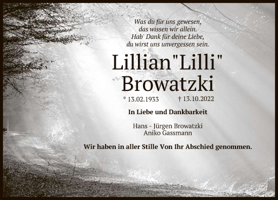Anzeige von Lillian Browatzki von Reutlinger General-Anzeiger