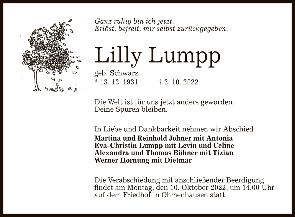  Traueranzeige für Lilly Lumpp vom 06.10.2022 aus Reutlinger General-Anzeiger