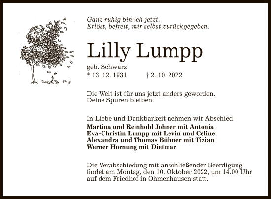 Anzeige von Lilly Lumpp von Reutlinger General-Anzeiger