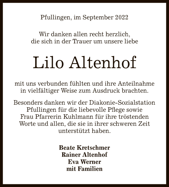 Anzeige von Lilo Altenhof von Reutlinger General-Anzeiger
