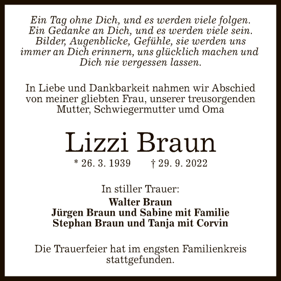 Anzeige von Lizzi Braun von Reutlinger General-Anzeiger