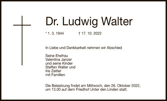Anzeige von Ludwig Walter von Reutlinger General-Anzeiger