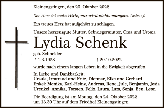 Anzeige von Lydia Schenk von Reutlinger General-Anzeiger