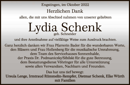 Anzeige von Lydia Schenk von Reutlinger General-Anzeiger