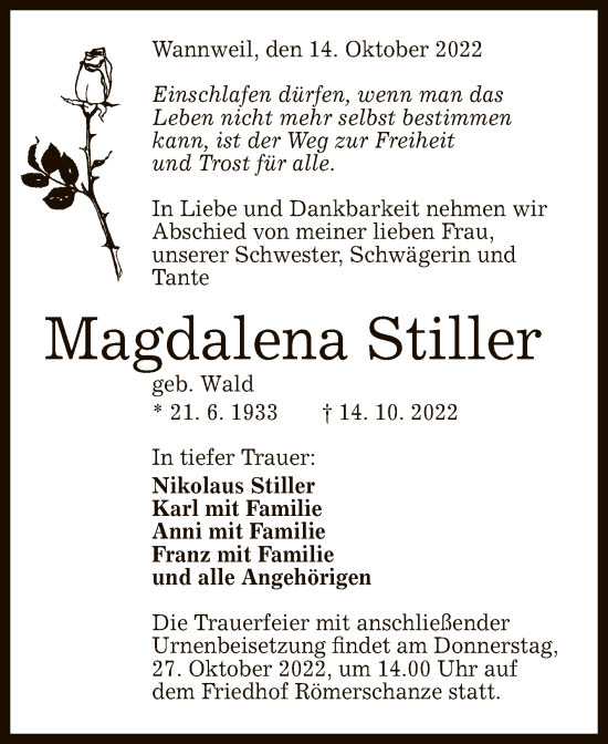 Anzeige von Magdalena Stiller von Reutlinger General-Anzeiger