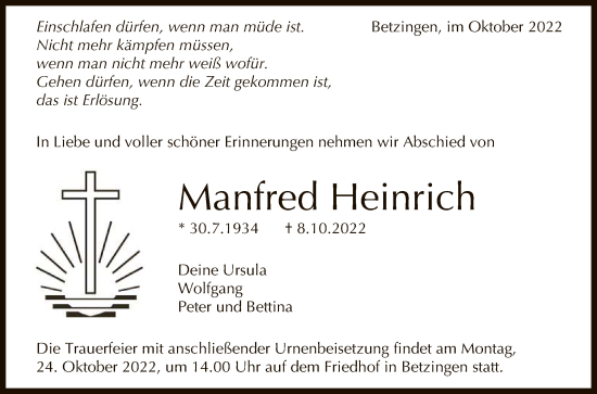 Anzeige von Manfred Heinrich von Reutlinger General-Anzeiger