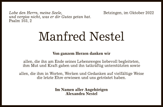 Anzeige von Manfred Nestel von Reutlinger General-Anzeiger