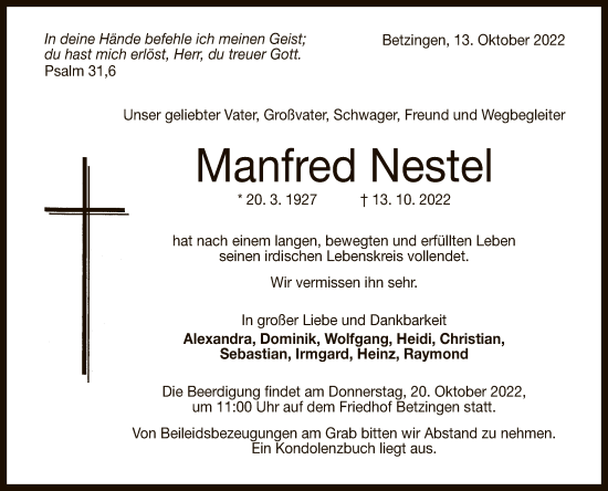 Anzeige von Manfred Nestel von Reutlinger General-Anzeiger