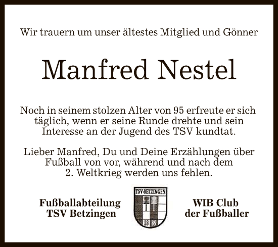 Anzeige von Manfred Nestel von Reutlinger General-Anzeiger