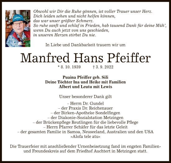 Anzeige von Manfred Pfeiffer von Reutlinger General-Anzeiger