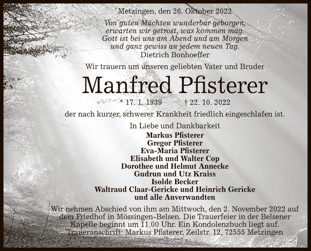  Traueranzeige für Manfred Pfisterer vom 26.10.2022 aus Reutlinger General-Anzeiger