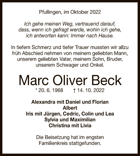 Anzeige von Marc Oliver Beck von Reutlinger General-Anzeiger