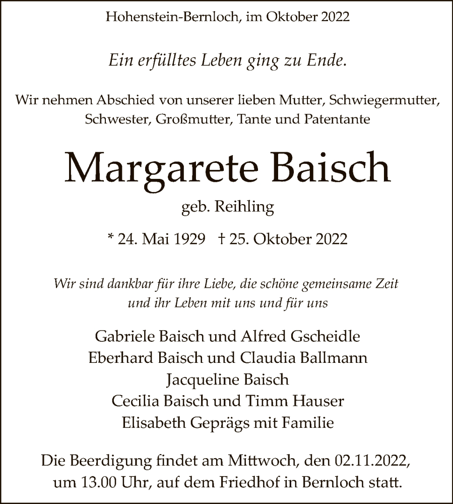  Traueranzeige für Margarete Baisch vom 29.10.2022 aus Reutlinger General-Anzeiger