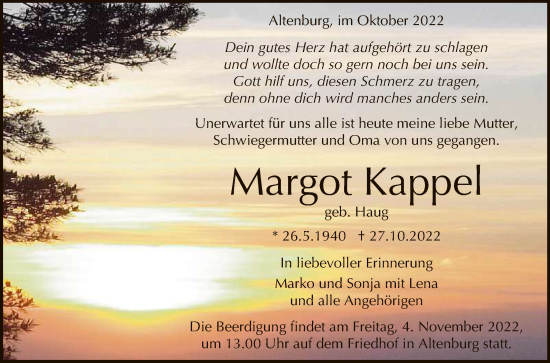 Anzeige von Margot Kappel von Reutlinger General-Anzeiger