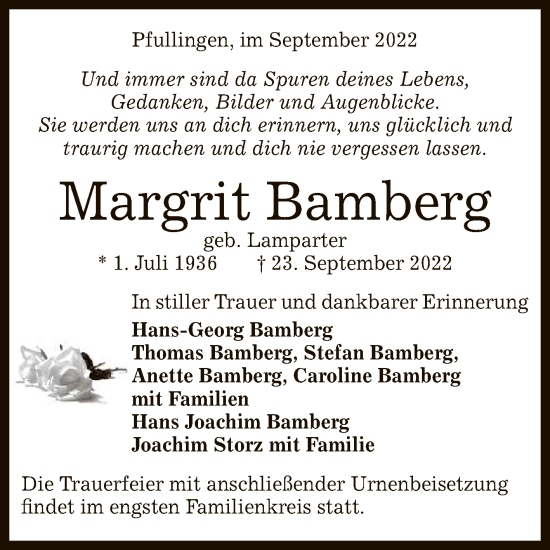 Anzeige von Margrit Bamberg von Reutlinger General-Anzeiger