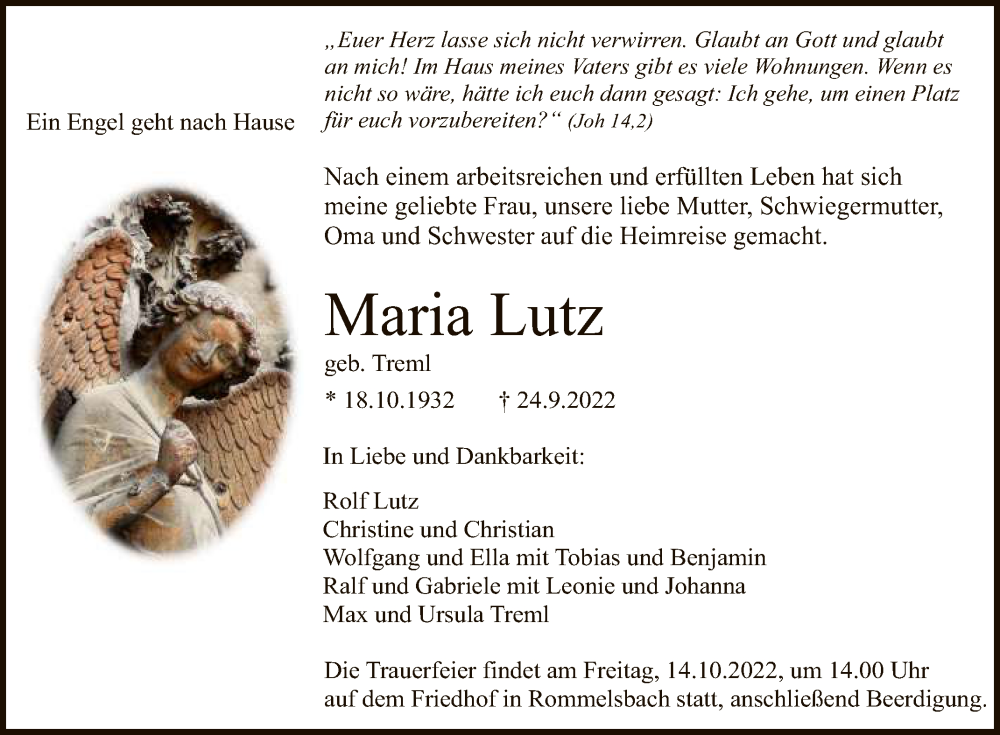  Traueranzeige für Maria Lutz vom 08.10.2022 aus Reutlinger General-Anzeiger