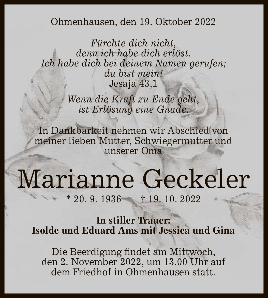  Traueranzeige für Marianne Geckeler vom 25.10.2022 aus Reutlinger General-Anzeiger