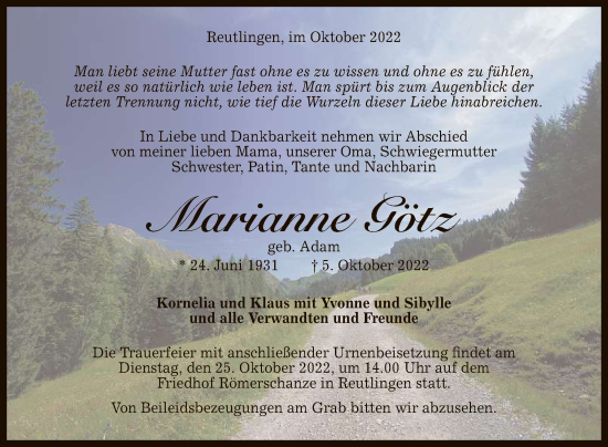 Anzeige von Marianne Götz von Reutlinger General-Anzeiger