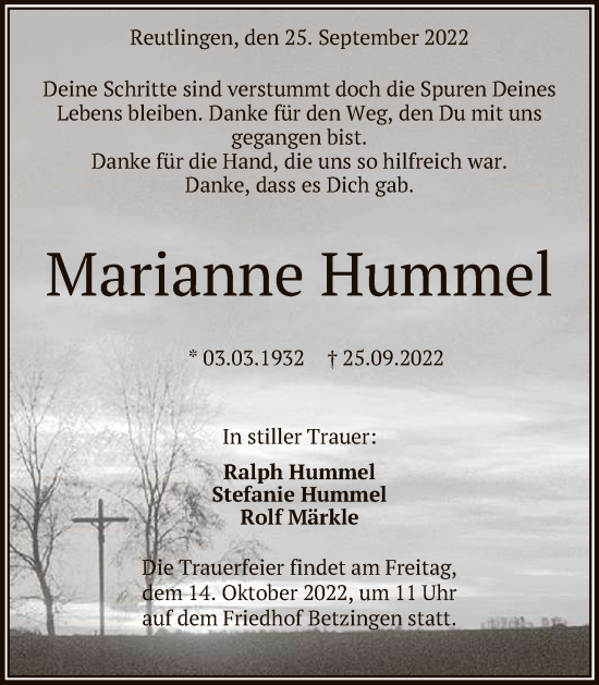 Anzeige von Marianne Hummel von Reutlinger General-Anzeiger