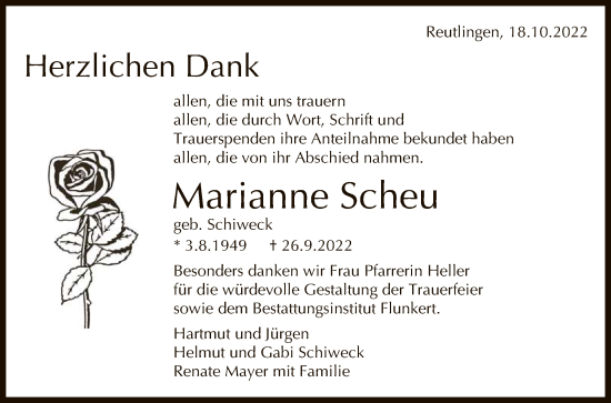 Anzeige von Marianne Scheu von Reutlinger General-Anzeiger