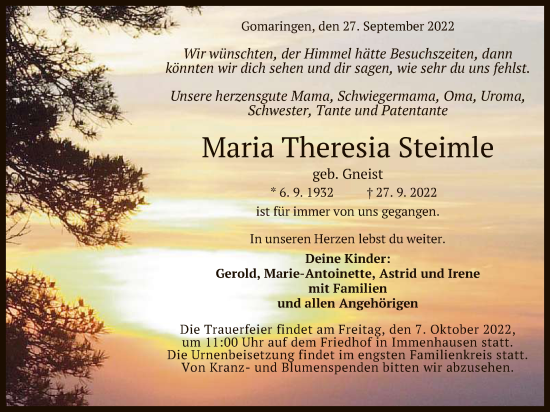 Anzeige von Maria Theresia Steimle von Reutlinger General-Anzeiger