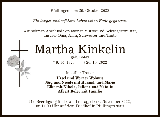 Anzeige von Martha Kinkelin von Reutlinger General-Anzeiger