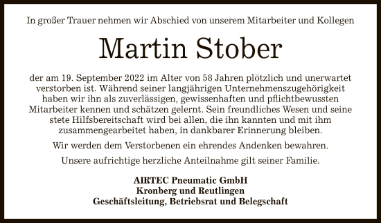 Anzeige von Martin Stober von Reutlinger General-Anzeiger