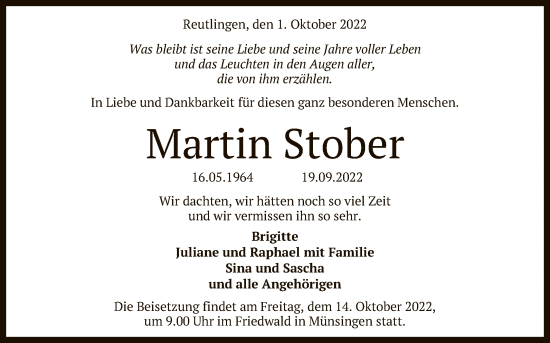 Anzeige von Martin Stober von Reutlinger General-Anzeiger