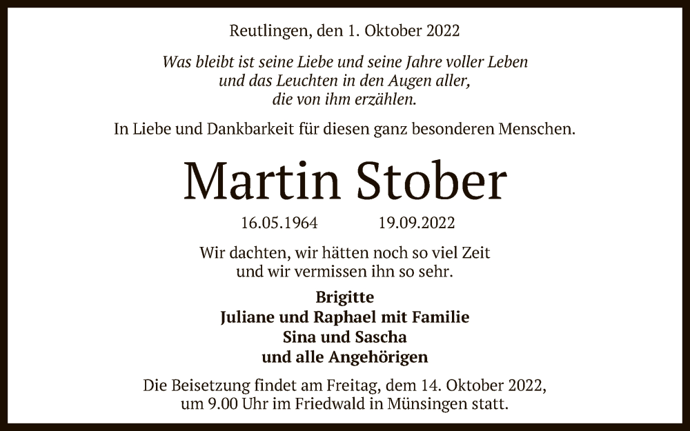  Traueranzeige für Martin Stober vom 01.10.2022 aus Reutlinger General-Anzeiger