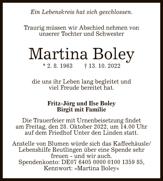 Anzeige von Martina Boley von Reutlinger General-Anzeiger