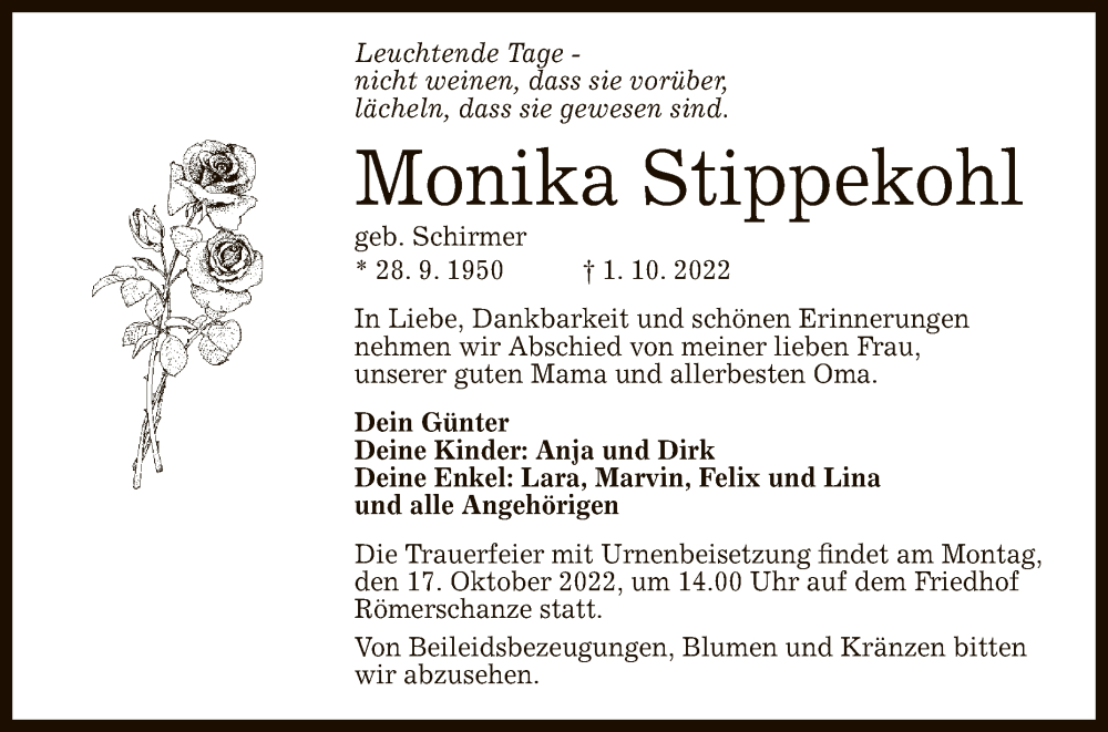  Traueranzeige für Monika Stippekohl vom 08.10.2022 aus Reutlinger General-Anzeiger