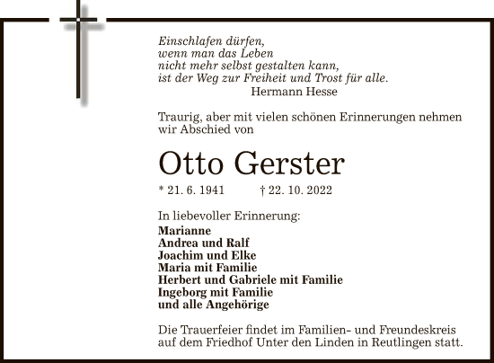 Anzeige von Otto Gerster von Reutlinger General-Anzeiger
